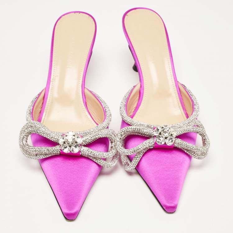 Pre Owned Mach & Mach Fuschia Satin Crystal Embellished Double Bow Mules Size 39