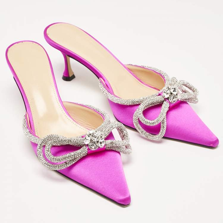 Pre Owned Mach & Mach Fuschia Satin Crystal Embellished Double Bow Mules Size 39