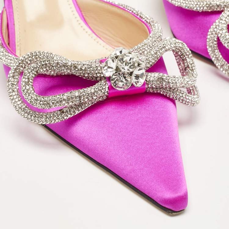 Pre Owned Mach & Mach Fuschia Satin Crystal Embellished Double Bow Mules Size 39