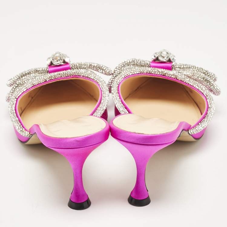 Pre Owned Mach & Mach Fuschia Satin Crystal Embellished Double Bow Mules Size 39