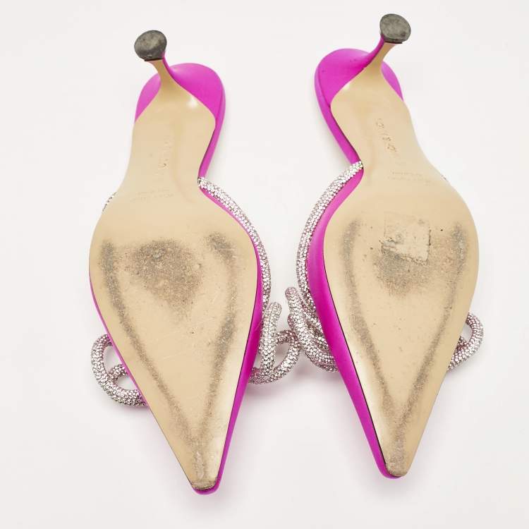 Pre Owned Mach & Mach Fuschia Satin Crystal Embellished Double Bow Mules Size 39