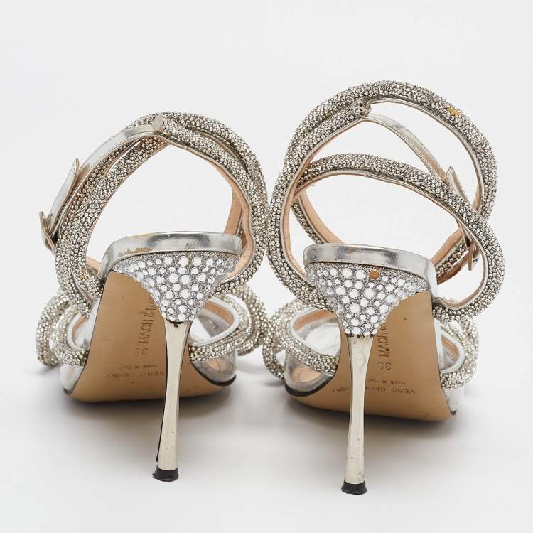 Pre Owned Mach & Mach Transparent/Silver PVC Crystal Embellished Double Bow Ankle Wrap Pumps Size 38