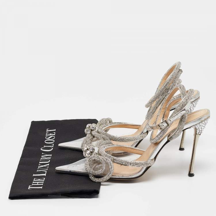 Pre Owned Mach & Mach Transparent/Silver PVC Crystal Embellished Double Bow Ankle Wrap Pumps Size 38