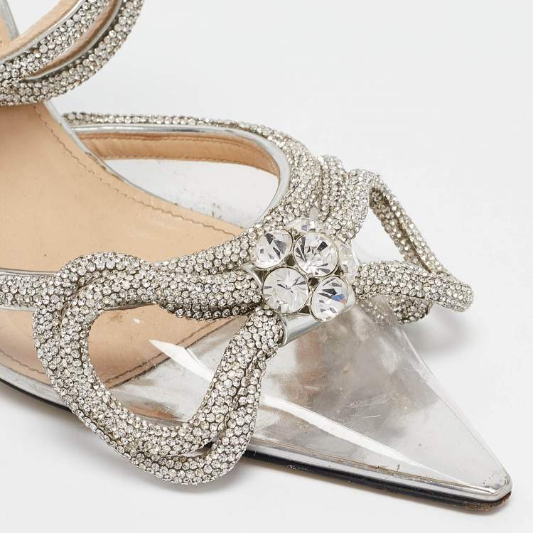 Pre Owned Mach & Mach Transparent/Silver PVC Crystal Embellished Double Bow Ankle Wrap Pumps Size 38