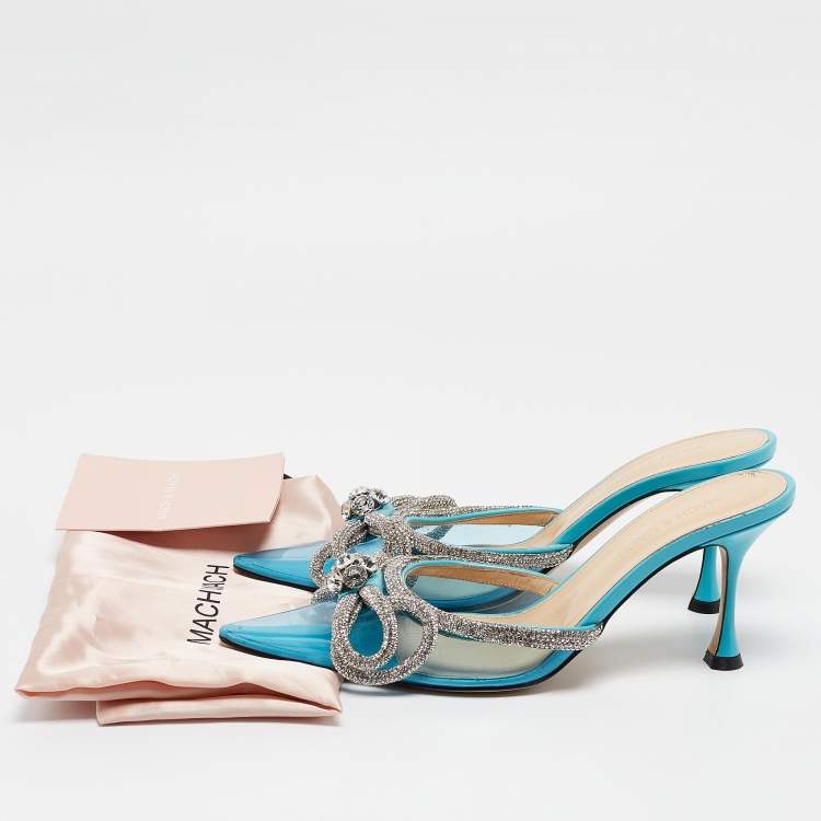 مملوكة مسبقًا Mach & Mach Blue PVC Crystal Embellished Double Bow Mules Size 38