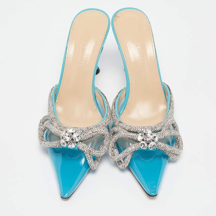 مملوكة مسبقًا Mach & Mach Blue PVC Crystal Embellished Double Bow Mules Size 38