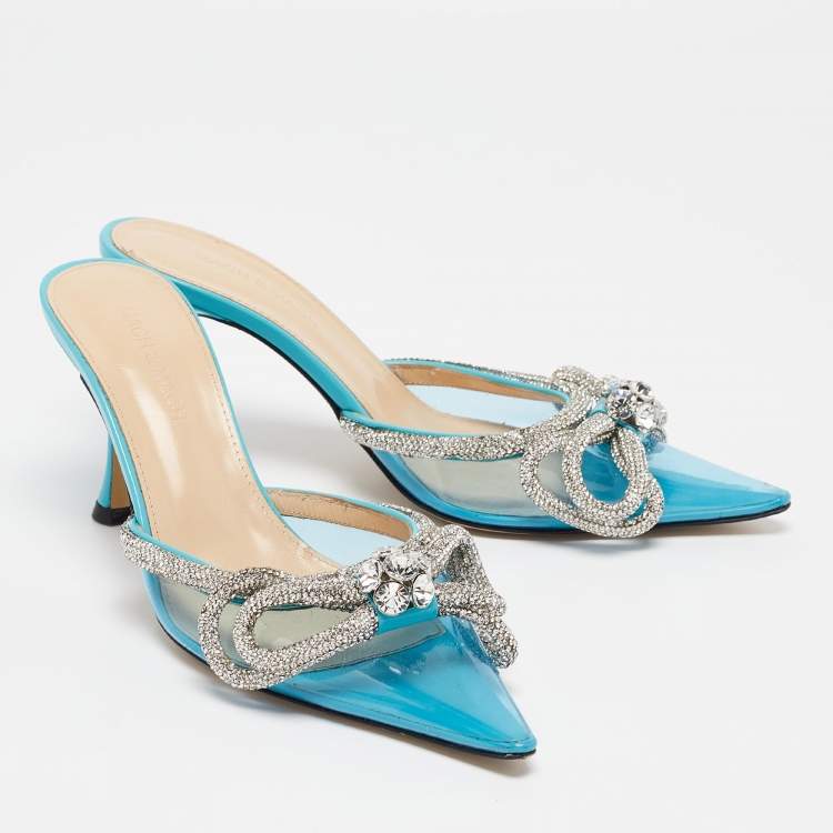 مملوكة مسبقًا Mach & Mach Blue PVC Crystal Embellished Double Bow Mules Size 38