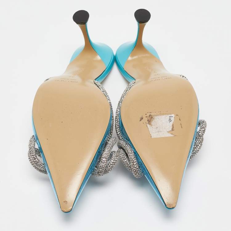 مملوكة مسبقًا Mach & Mach Blue PVC Crystal Embellished Double Bow Mules Size 38