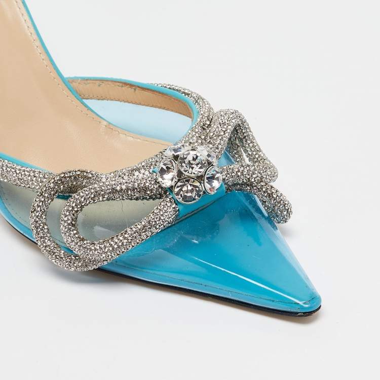 مملوكة مسبقًا Mach & Mach Blue PVC Crystal Embellished Double Bow Mules Size 38