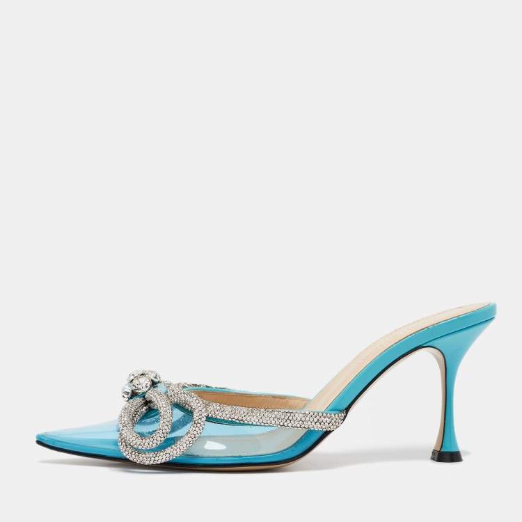 مملوكة مسبقًا Mach & Mach Blue PVC Crystal Embellished Double Bow Mules Size 38
