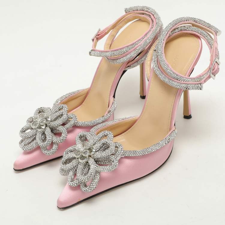 Pre Owned Mach & Mach Pink Satin Crystal Embellished Double Bow Pumps Size 37