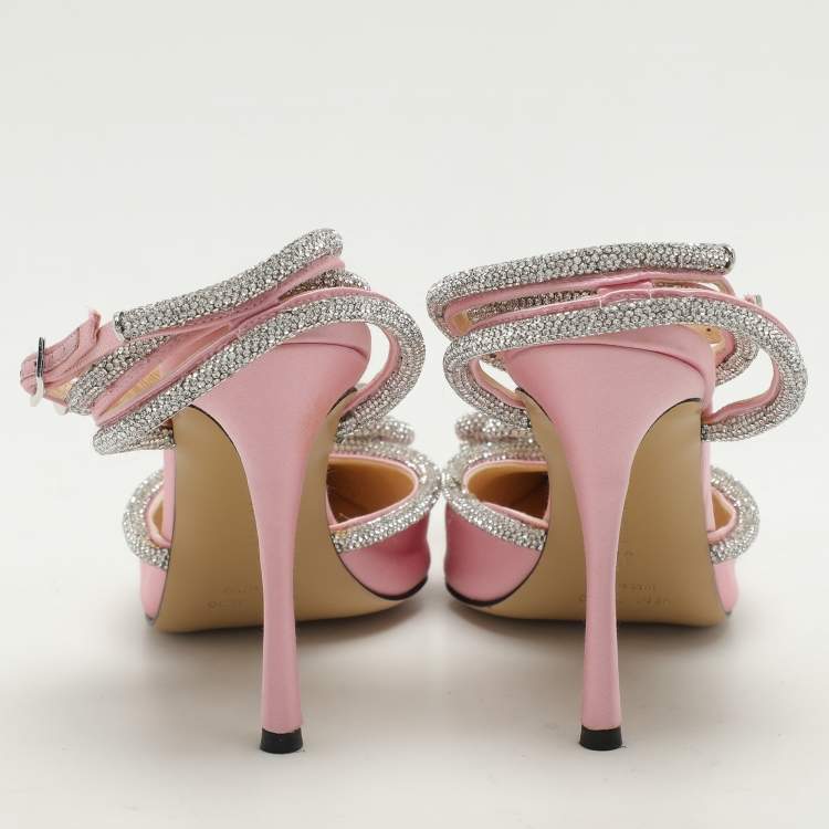 Pre Owned Mach & Mach Pink Satin Crystal Embellished Double Bow Pumps Size 37