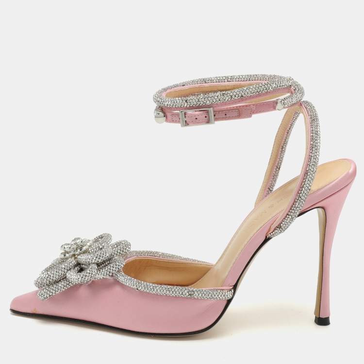 Pre Owned Mach & Mach Pink Satin Crystal Embellished Double Bow Pumps Size 37