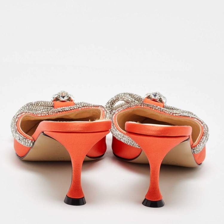 Pre Owned Mach & Mach Orange Satin Crystal Embellished Double Bow Mules Size 40