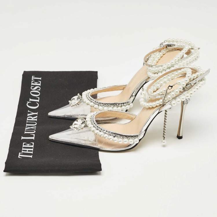 Pre Owned Mach & Mach Transparent PVC Faux Pearl Crystal Embellished Ankle Wrap Pumps Size 37