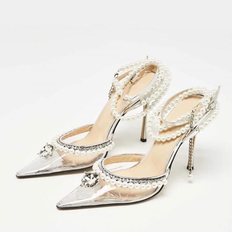 Pre Owned Mach & Mach Transparent PVC Faux Pearl Crystal Embellished Ankle Wrap Pumps Size 37