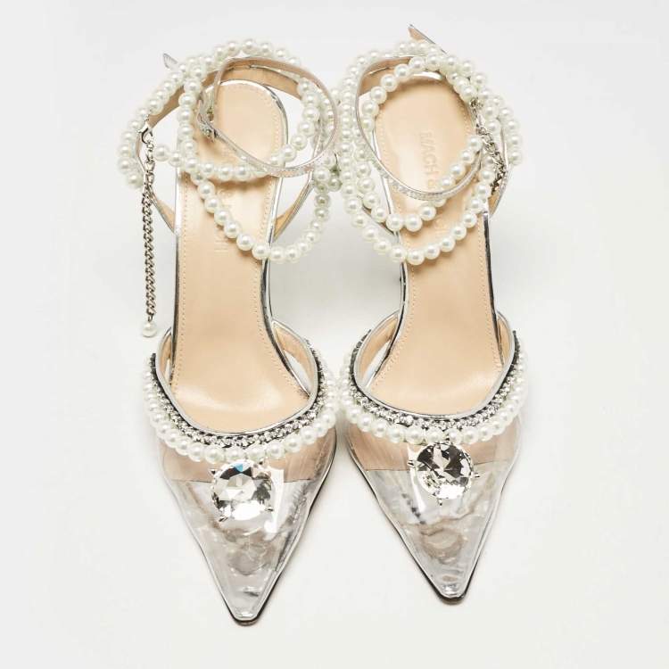 Pre Owned Mach & Mach Transparent PVC Faux Pearl Crystal Embellished Ankle Wrap Pumps Size 37