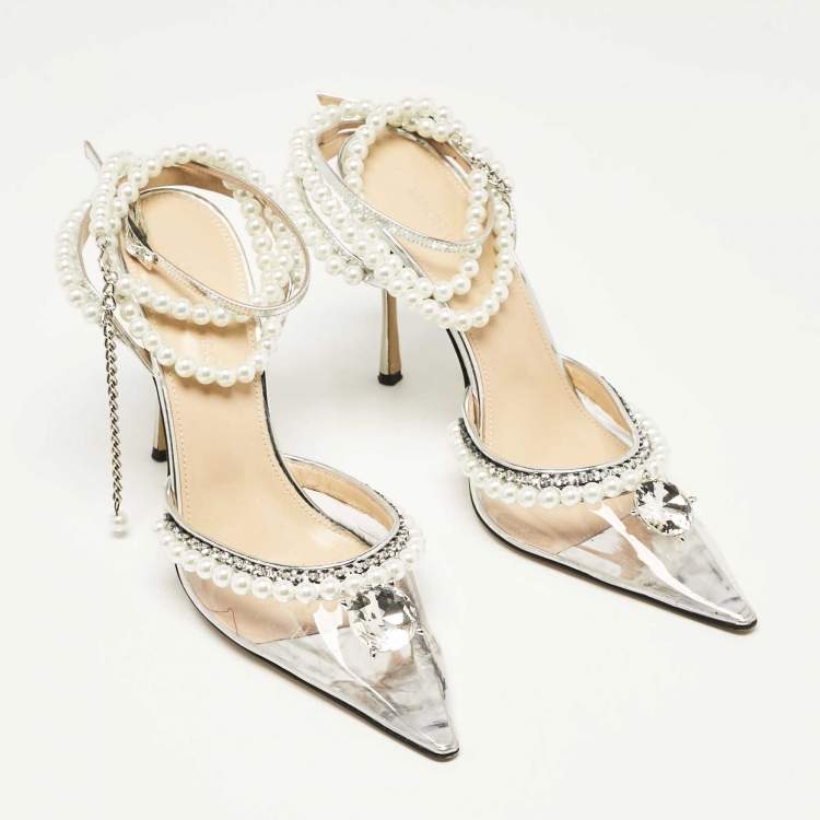Pre Owned Mach & Mach Transparent PVC Faux Pearl Crystal Embellished Ankle Wrap Pumps Size 37