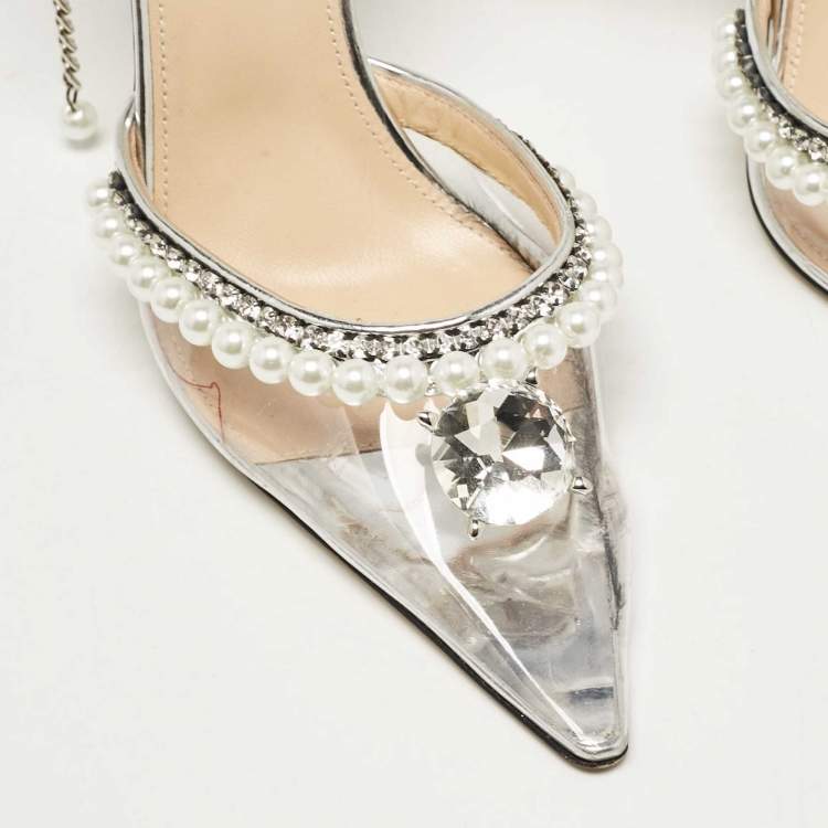 Pre Owned Mach & Mach Transparent PVC Faux Pearl Crystal Embellished Ankle Wrap Pumps Size 37