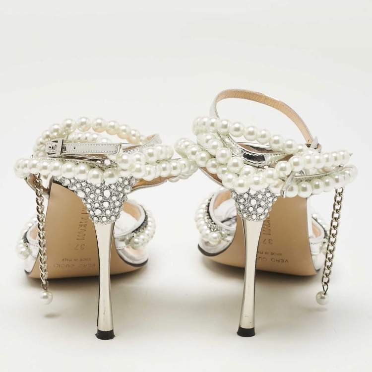 Pre Owned Mach & Mach Transparent PVC Faux Pearl Crystal Embellished Ankle Wrap Pumps Size 37