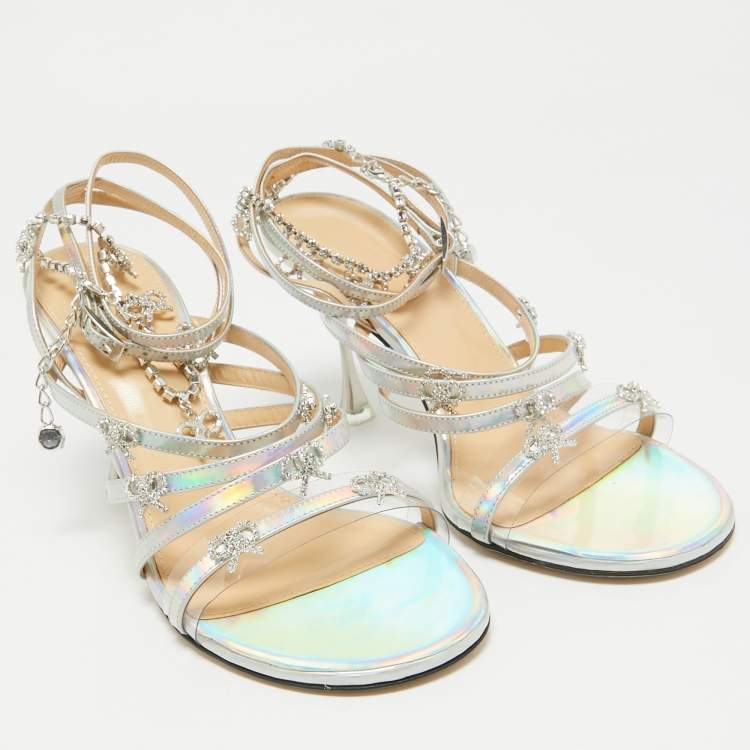 Pre Owned Mach & Mach Silver Iridescent Leather Crystal Bow Camille Sandals Size 37
