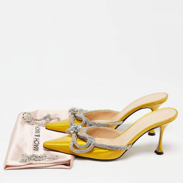 Pre Owned Mach & Mach Metallic Yellow Patent Leather Crystal Embellished Double Bow Mules Size 38.5