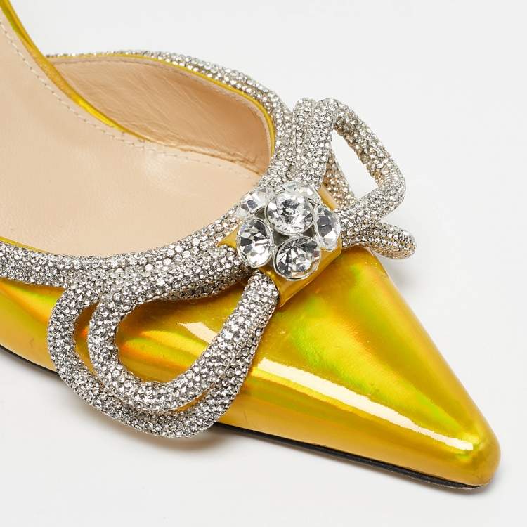 Pre Owned Mach & Mach Metallic Yellow Patent Leather Crystal Embellished Double Bow Mules Size 38.5