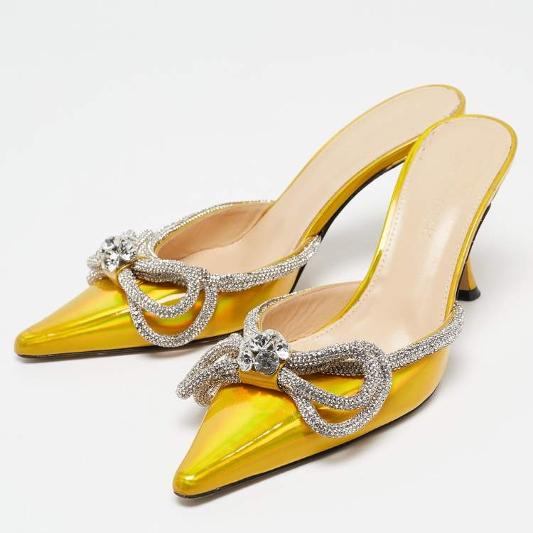 Pre Owned Mach & Mach Metallic Yellow Patent Leather Crystal Embellished Double Bow Mules Size 38.5