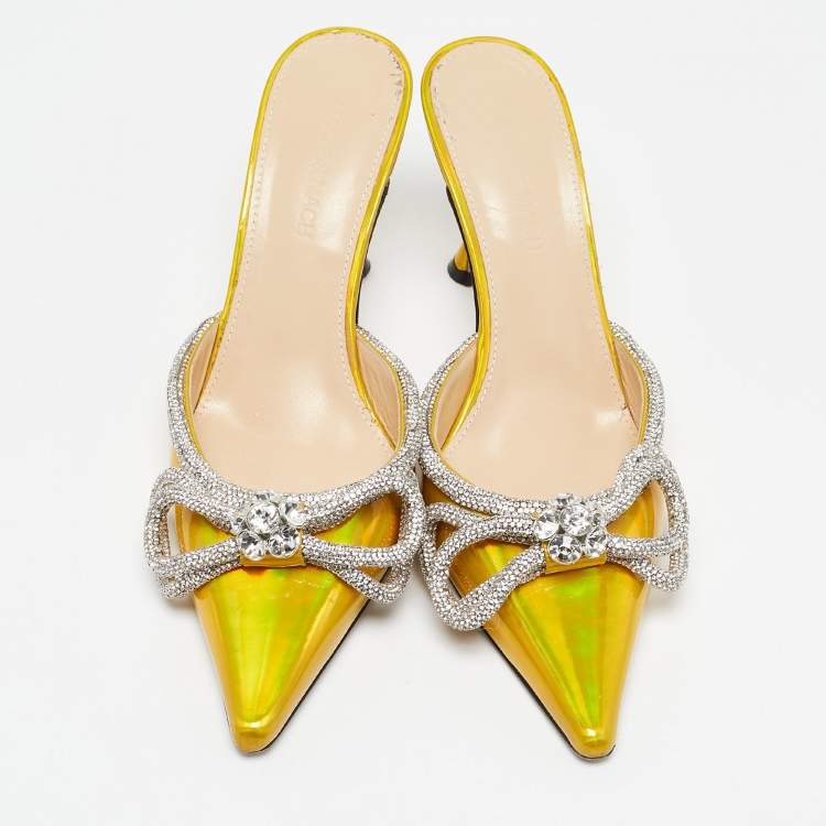 Pre Owned Mach & Mach Metallic Yellow Patent Leather Crystal Embellished Double Bow Mules Size 38.5