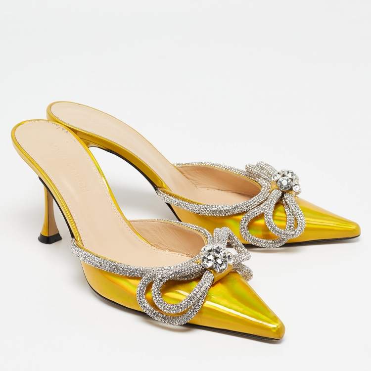 Pre Owned Mach & Mach Metallic Yellow Patent Leather Crystal Embellished Double Bow Mules Size 38.5