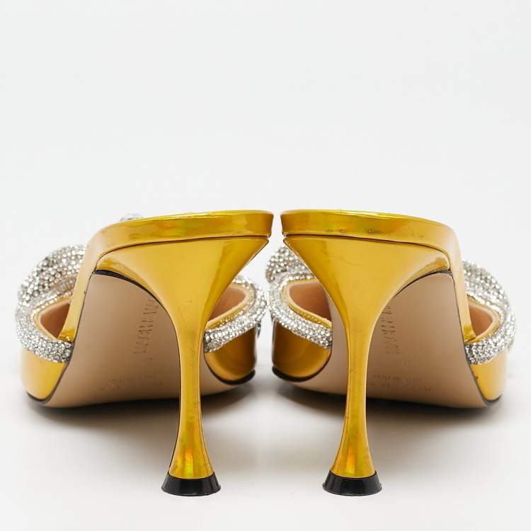 Pre Owned Mach & Mach Metallic Yellow Patent Leather Crystal Embellished Double Bow Mules Size 38.5