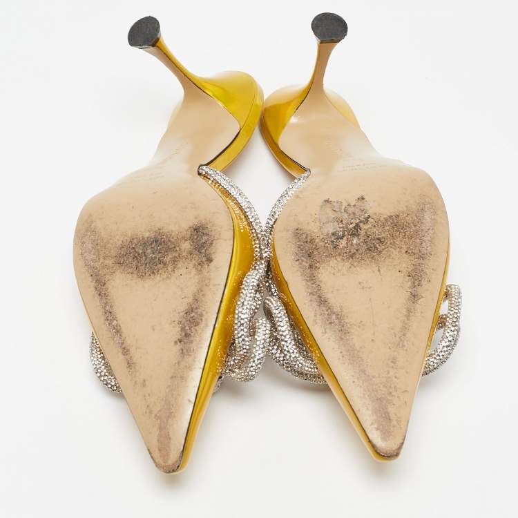Pre Owned Mach & Mach Metallic Yellow Patent Leather Crystal Embellished Double Bow Mules Size 38.5