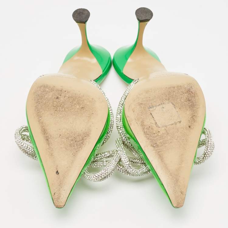 Pre Owned Mach & Mach Green PVC Crystal Embellished Double Bow Mules Size 37.5
