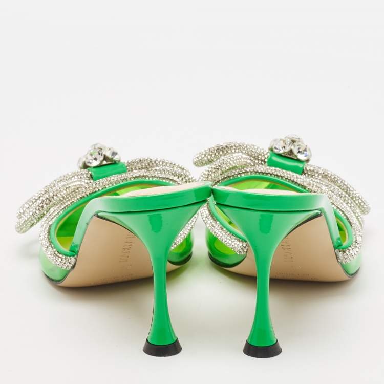 Pre Owned Mach & Mach Green PVC Crystal Embellished Double Bow Mules Size 37.5