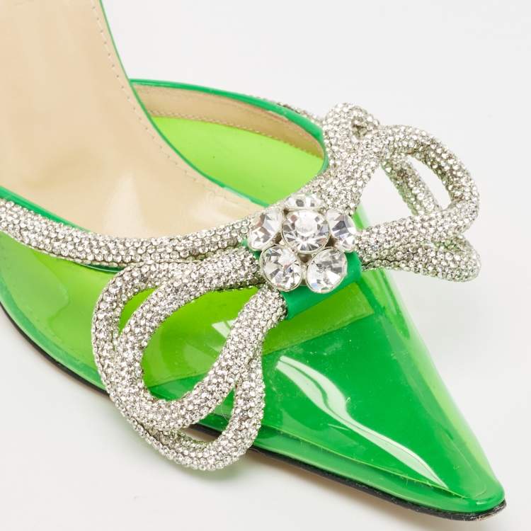 Pre Owned Mach & Mach Green PVC Crystal Embellished Double Bow Mules Size 37.5