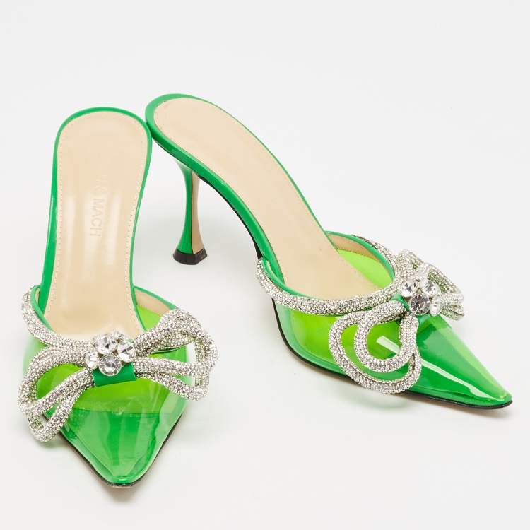 Pre Owned Mach & Mach Green PVC Crystal Embellished Double Bow Mules Size 37.5
