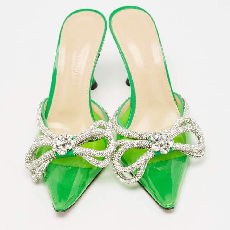 Pre Owned Mach & Mach Green PVC Crystal Embellished Double Bow Mules Size 37.5