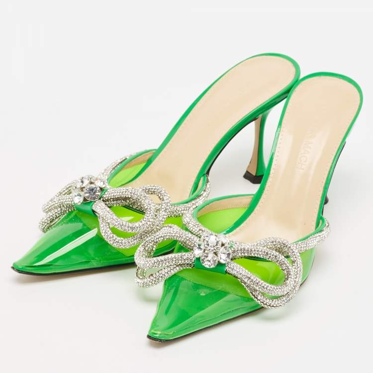 Pre Owned Mach & Mach Green PVC Crystal Embellished Double Bow Mules Size 37.5