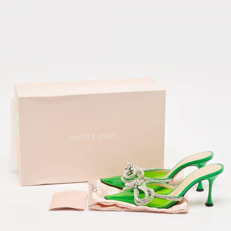 Pre Owned Mach & Mach Green PVC Crystal Embellished Double Bow Mules Size 37.5