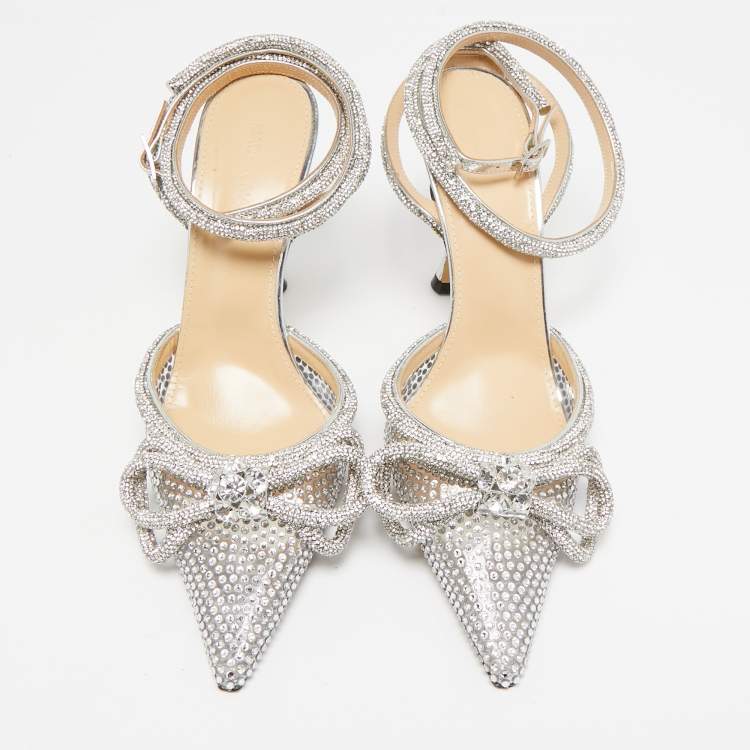 Pre Owned Mach & Mach Silver PVC Crystal Embellished Double Bow Pumps Size 39
