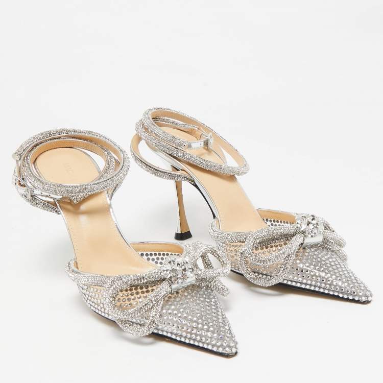 Pre Owned Mach & Mach Silver PVC Crystal Embellished Double Bow Pumps Size 39