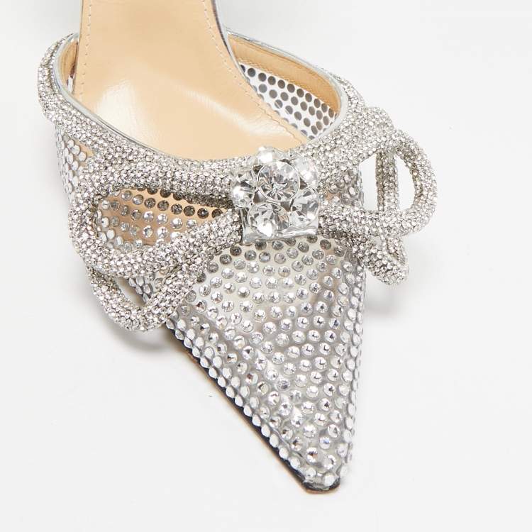 Pre Owned Mach & Mach Silver PVC Crystal Embellished Double Bow Pumps Size 39