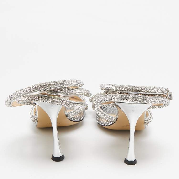 Pre Owned Mach & Mach Silver PVC Crystal Embellished Double Bow Pumps Size 39