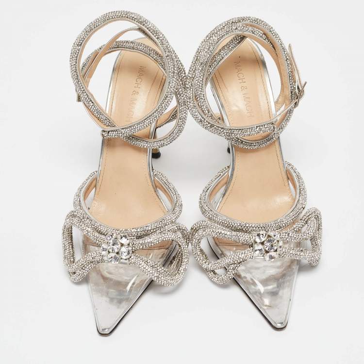 Pre Owned Mach & Mach Silver PVC Crystal Embellished Double Bow Pumps Size 39