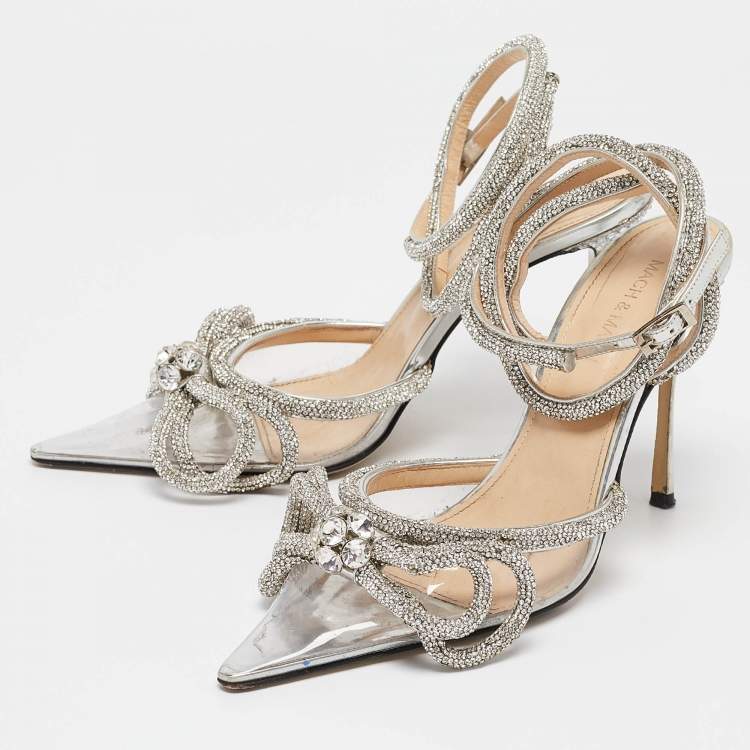 Pre Owned Mach & Mach Silver PVC Crystal Embellished Double Bow Pumps Size 39