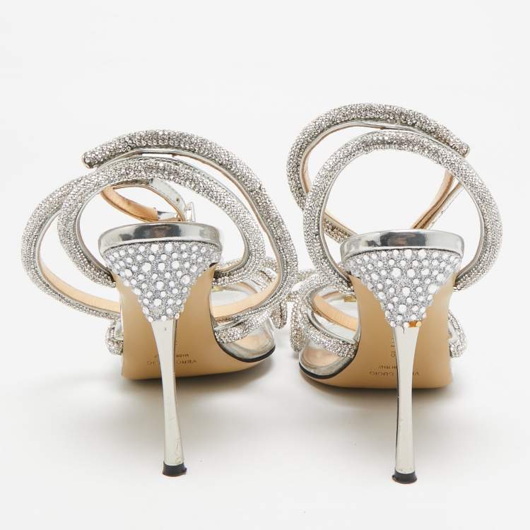 Pre Owned Mach & Mach Silver PVC Crystal Embellished Double Bow Pumps Size 39