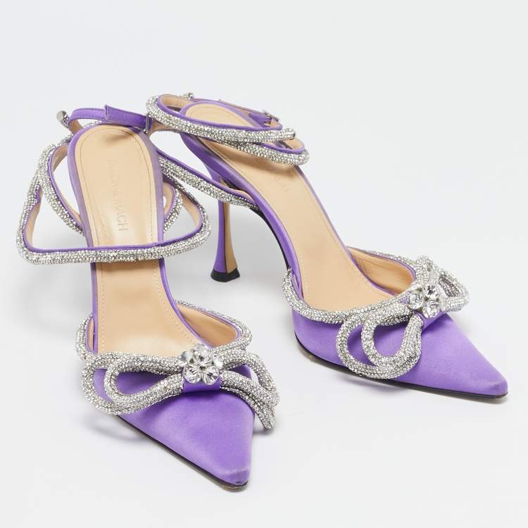 Pre Owned Mach & Mach Purple Satin Crystal Embellished Double Bow Pumps Size 39