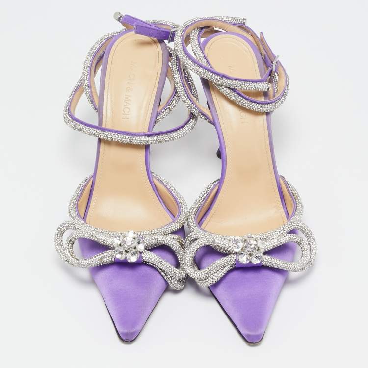 Pre Owned Mach & Mach Purple Satin Crystal Embellished Double Bow Pumps Size 39