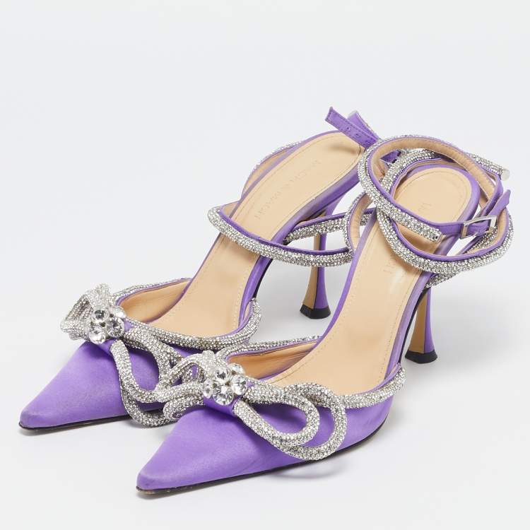 Pre Owned Mach & Mach Purple Satin Crystal Embellished Double Bow Pumps Size 39