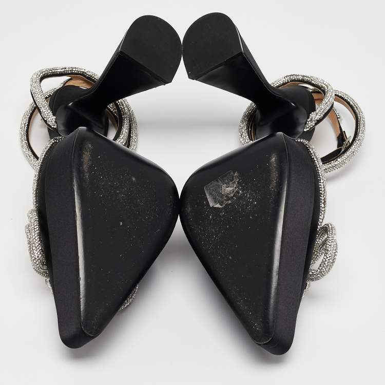 Pre Owned Mach & Mach Black Satin Double Bow Crystal Embellished Platform Pumps Size 39